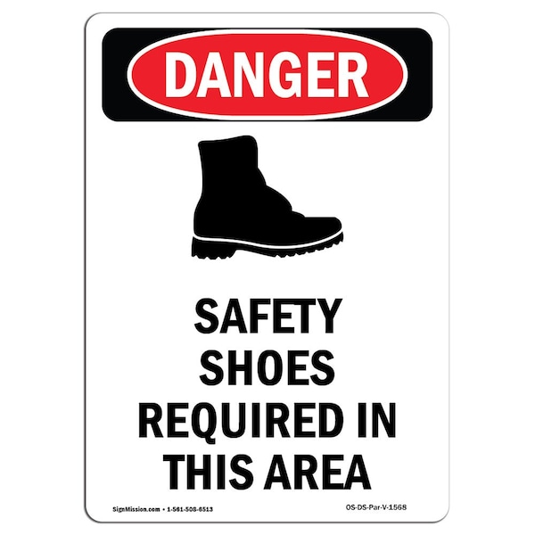 Signmission OSHA Danger Sign, Safety Shoes Required, 14in X 10in Decal, 10" W, 14" H, Portrait OS-DS-D-1014-V-1568 - main